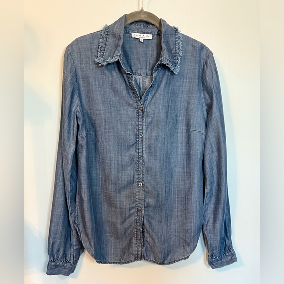 Current Air Anthropologie Blue Denim Fringe Button Down Boho Chambray Shirt- S - Picture 1 of 6
